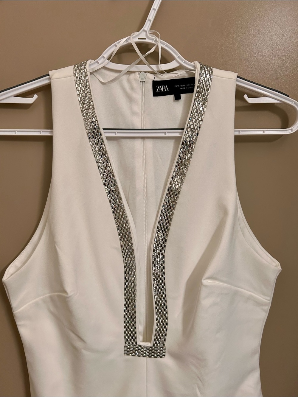 ZARA Cream V-Neck Sleeveless Top with Silver Beaded Trim
